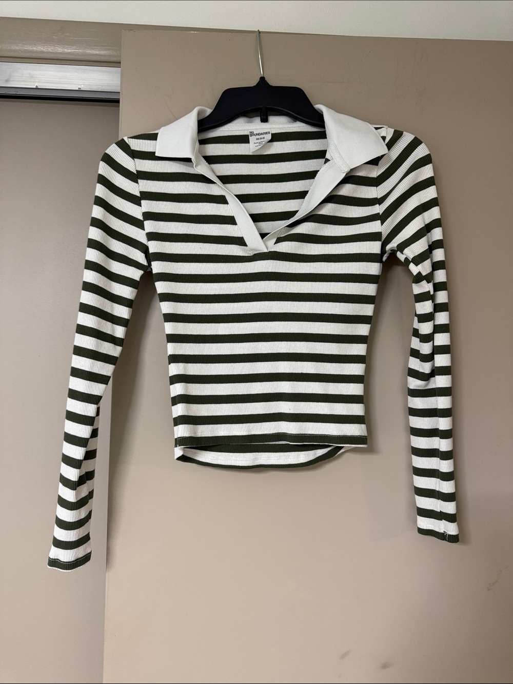 No Boundaries Olive & White Striped Long-Sleeve Polo Top